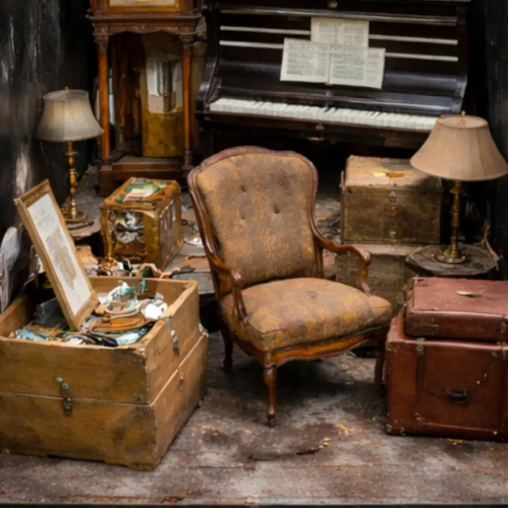 Estate cleanout room with piano, antique furniture and packed belongings